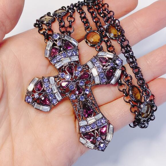 Real Collectibles by Adrienne Glass Rhinestone Cross Pendant Necklace Purple 50" - Picture 3 of 13
